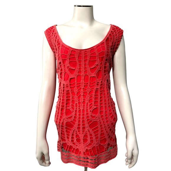 A.N.A. A New Approach Salmon Pink Crochet Fringe Front Sleeveless Knit Tank Top - Picture 1 of 11